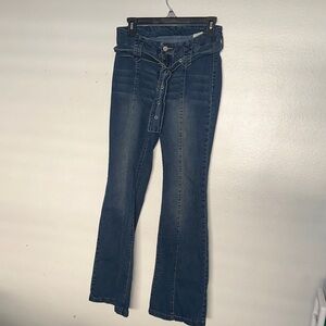 High-Rise Dark Blue Flare Jeans with Self-Tie Belt